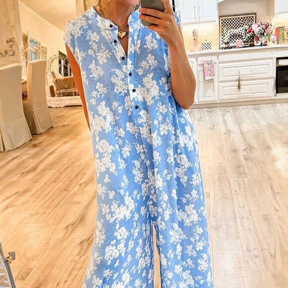 Pants - Blue Boho Women's Floral Print Half Button Wide Leg Relaxed Sleeveless Jumpsuit